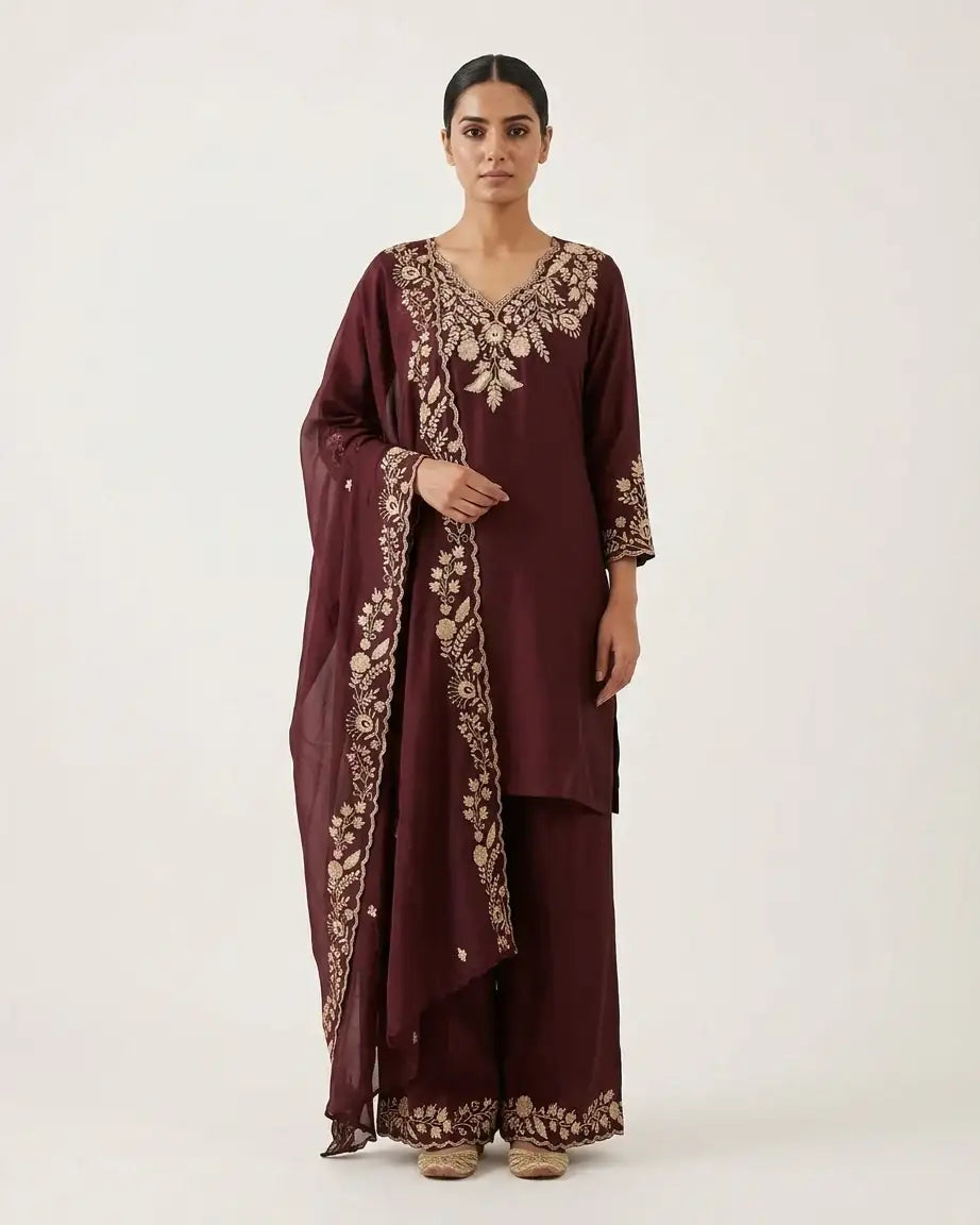 Natural Crepe Short Kurta & Palazzo Set — Wine | Peeta Dabka Hand Work | Gold Thread Embroidery | M'Foks