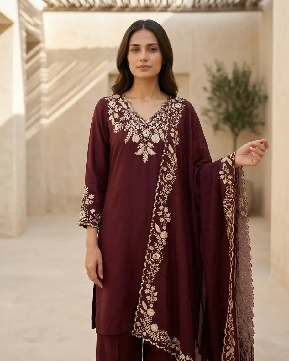 Natural Crepe Short Kurta & Palazzo Set — Wine | Peeta Dabka Hand Work | Gold Thread Embroidery | M'Foks