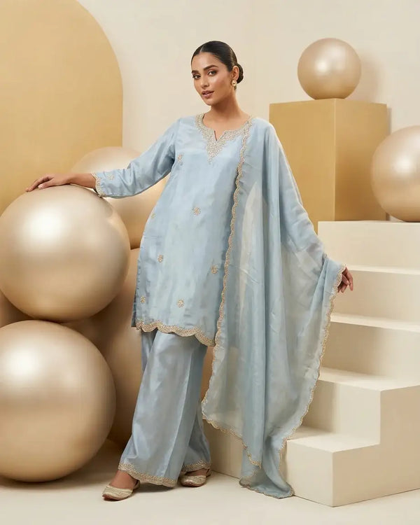 Tissue Short Kurta & Palazzo Set — Ice Blue | Pearl Zardozi Neckline | Scalloped Gold Zari Border | M'Foks
