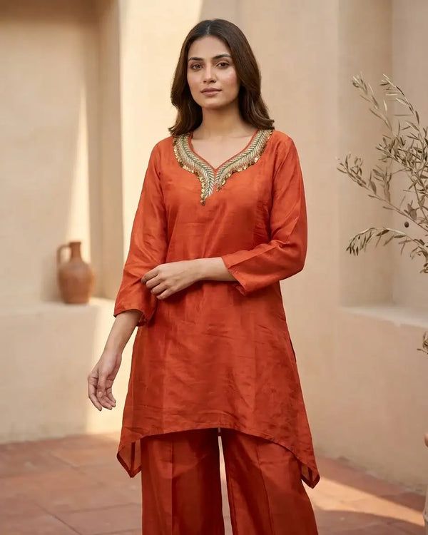 Glass Organza Coord Set — Rust | Zardozi Neckline | Asymmetric Kurta & Gharara Palazzo | 3-Piece | M'Foks