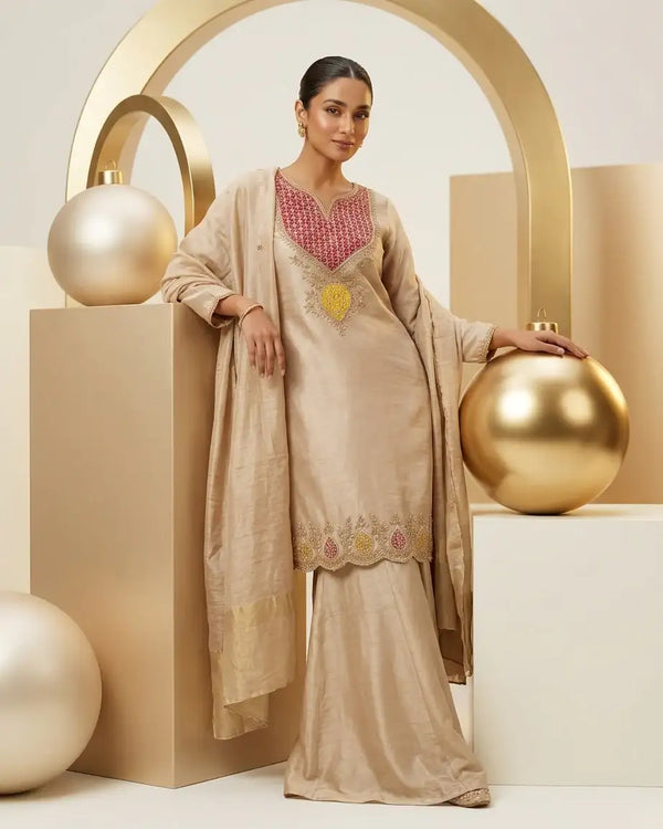 Tissue Short Kurta & Gharara Set — Champagne | Zardozi Hand Work | Pink Neckline | Gold Zari Hem | M'Foks