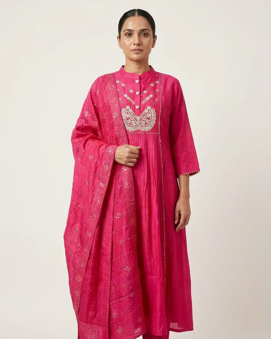 Mal Chanderi A-Line Suit Set — Fuchsia | Zari & Lace Yoke | Sequin Dupatta | 3-Piece | M'Foks