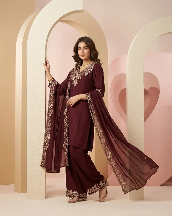 Natural Crepe Short Kurta & Palazzo Set — Wine | Peeta Dabka Hand Work | Gold Thread Embroidery | M'Foks