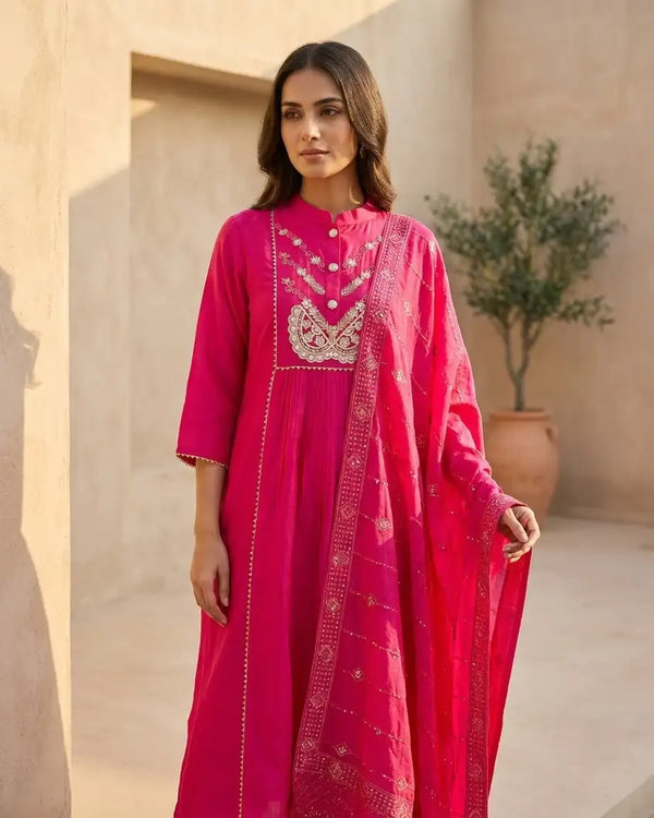 Mal Chanderi A-Line Suit Set — Fuchsia | Zari & Lace Yoke | Sequin Dupatta | 3-Piece | M'Foks