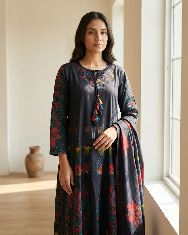 Pure Cotton Anarkali Suit Set — Navy Blue | Digital Botanical Floral Print | Matching Dupatta | M'Foks