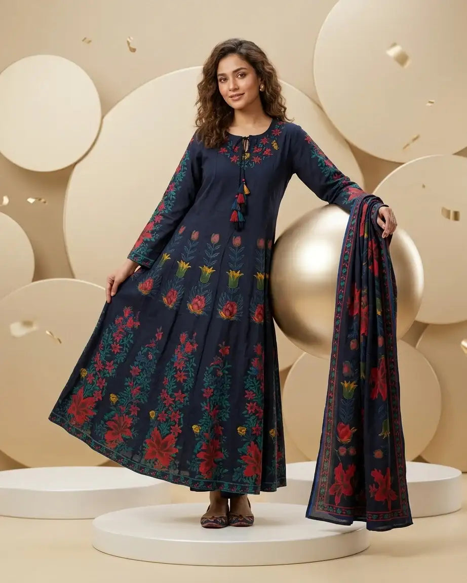 Pure Cotton Anarkali Suit Set — Navy Blue | Digital Botanical Floral Print | Matching Dupatta | M'Foks