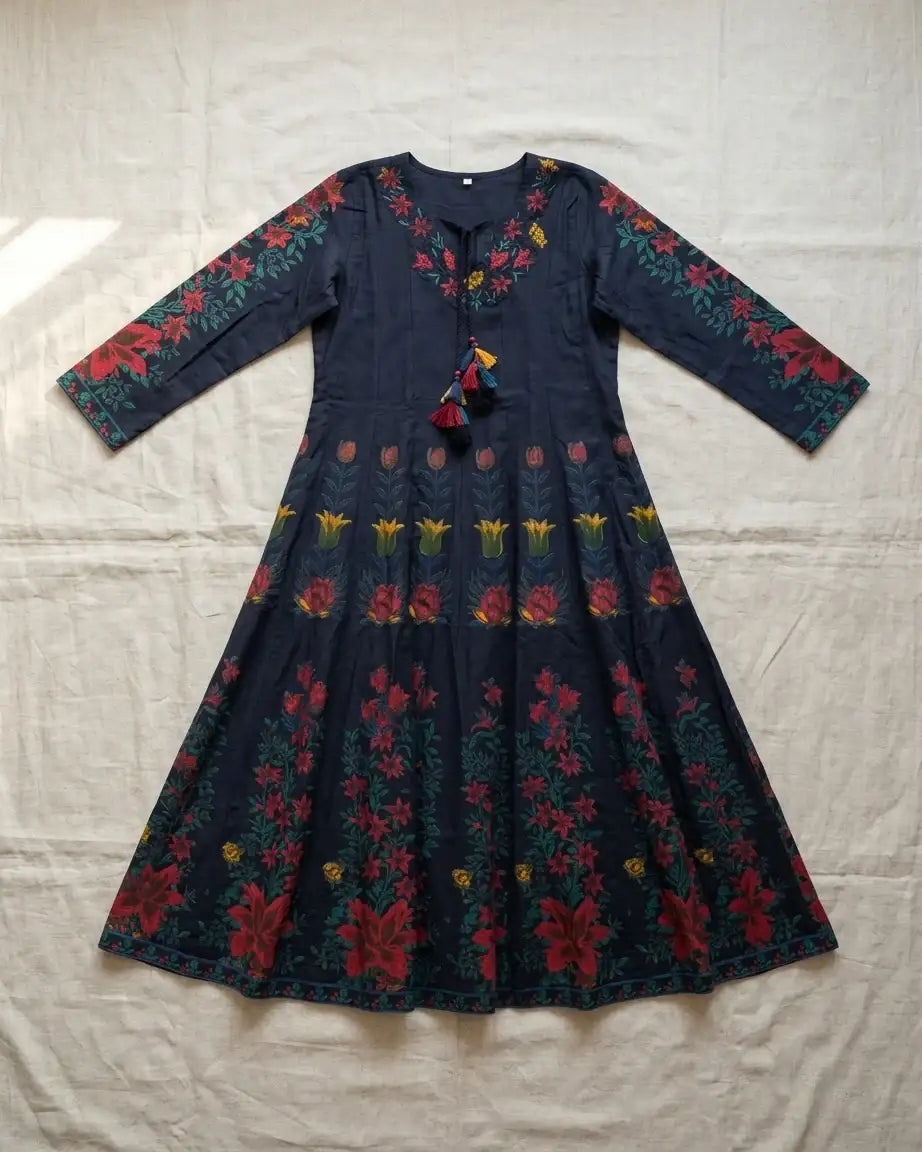 Pure Cotton Anarkali Suit Set — Navy Blue | Digital Botanical Floral Print | Matching Dupatta | M'Foks
