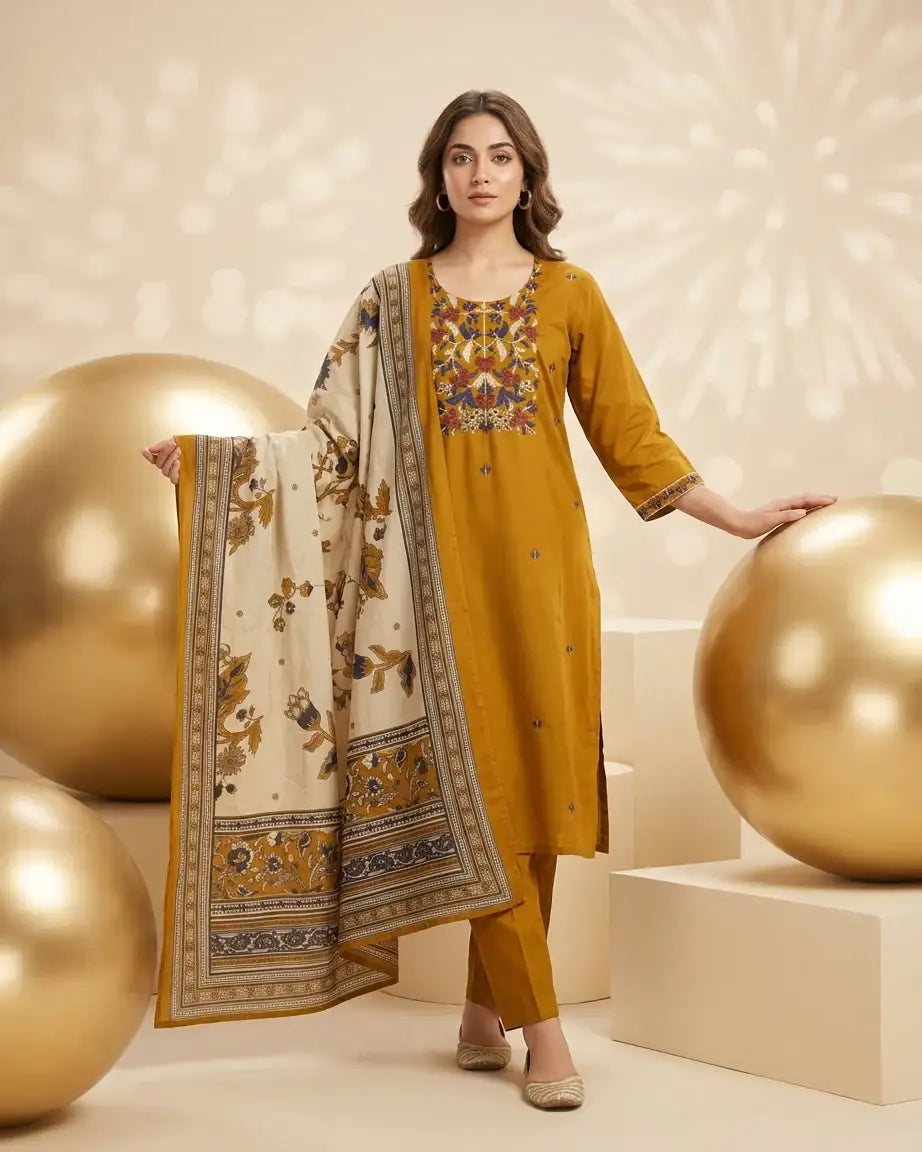 Pure Cotton Straight Suit Set — Mustard | Floral Thread Yoke | Mirror Work | Digital Print Dupatta | M'Foks