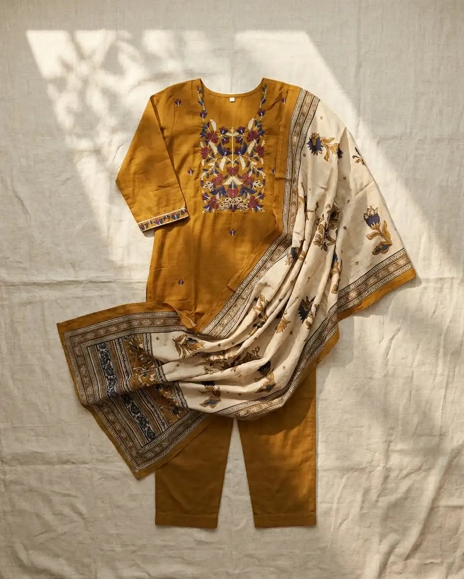 Pure Cotton Straight Suit Set — Mustard | Floral Thread Yoke | Mirror Work | Digital Print Dupatta | M'Foks