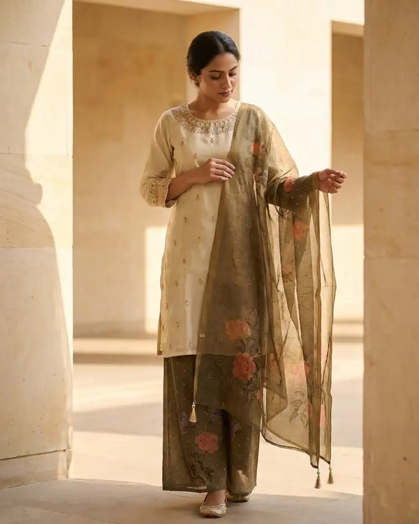 Tissue Short Kurta & Palazzo Set — Beige & Olive | Zari Crystal Neck | Digital Floral Print | M'Foks
