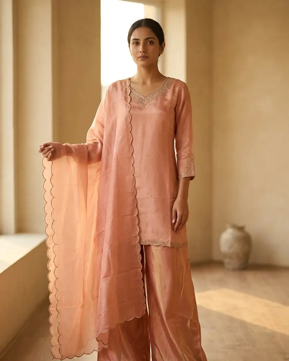Tissue Short Kurta & Palazzo Set — Blush Pink | Pearl Zardozi Neckline | Scalloped Gold Zari Border | M'Foks