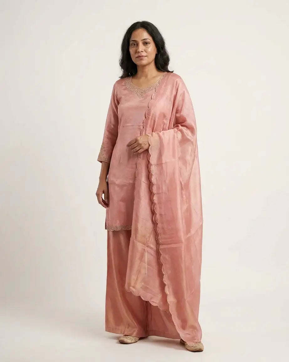 Tissue Short Kurta & Palazzo Set — Blush Pink | Pearl Zardozi Neckline | Scalloped Gold Zari Border | M'Foks