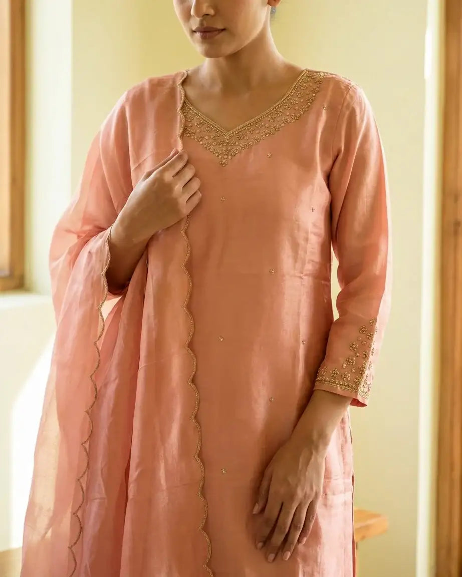 Tissue Short Kurta & Palazzo Set — Blush Pink | Pearl Zardozi Neckline | Scalloped Gold Zari Border | M'Foks
