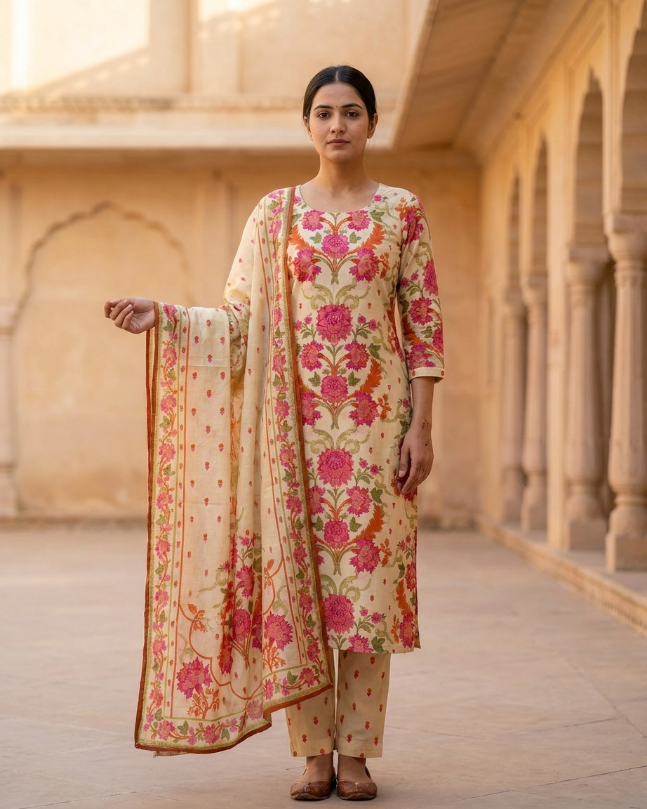 Cream Pure Cotton Straight Suit