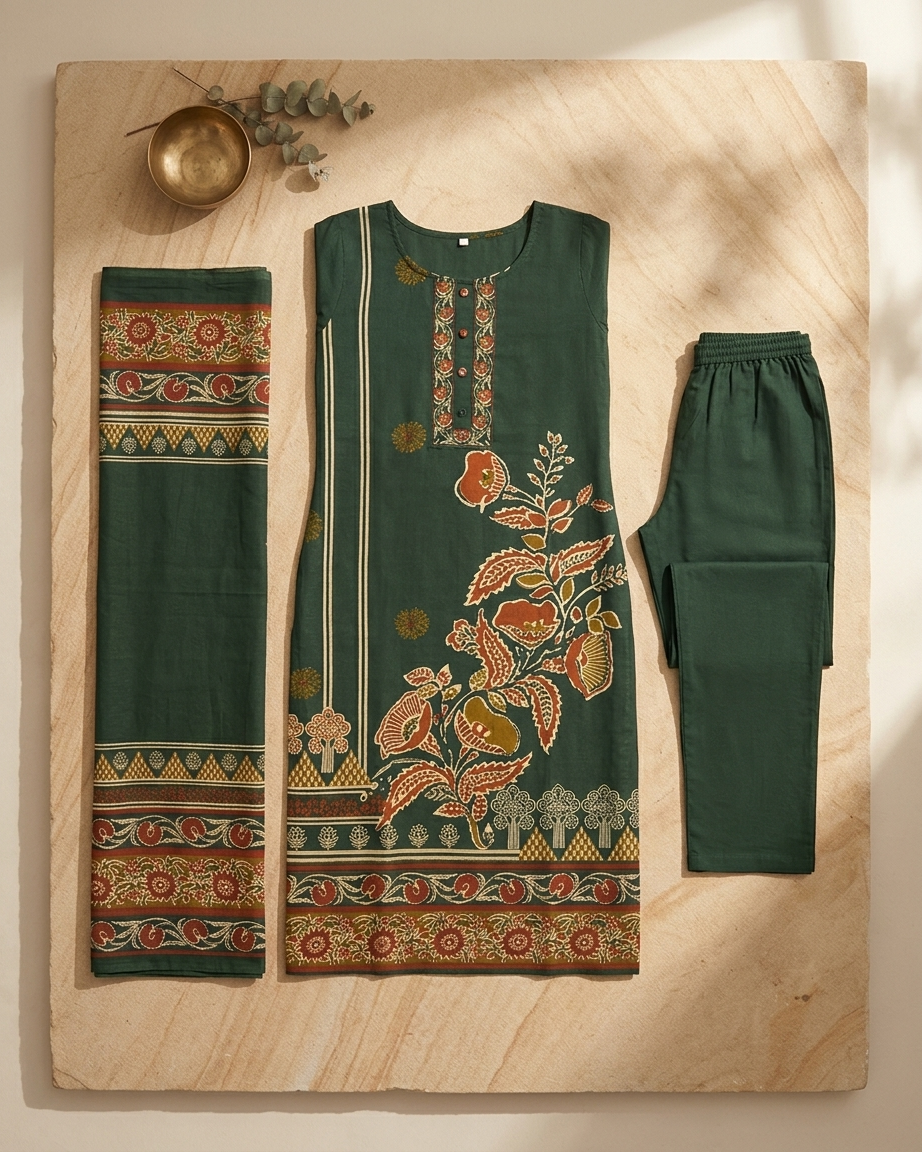 Forest Green Pure Cotton Straight Suit