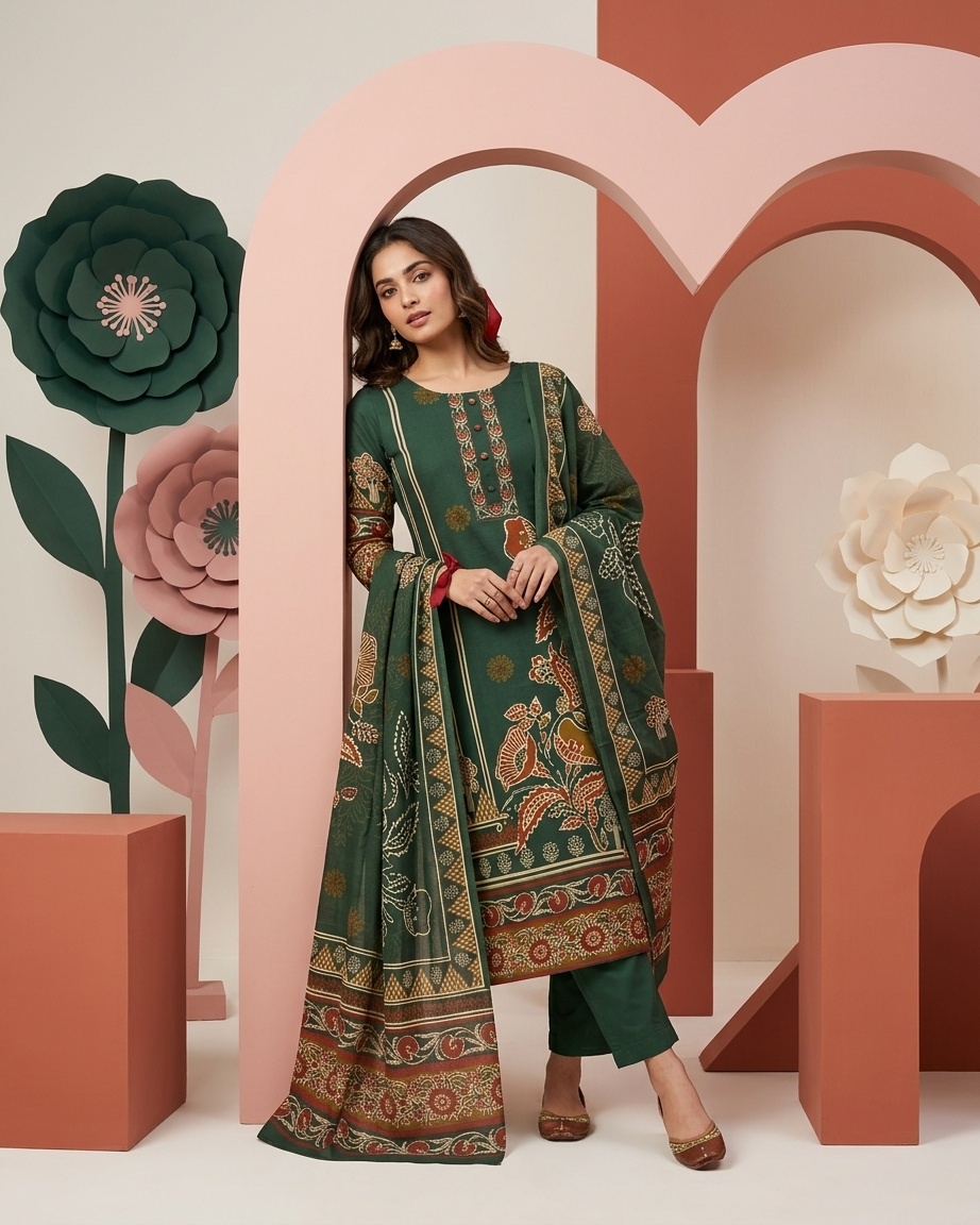 Forest Green Pure Cotton Straight Suit