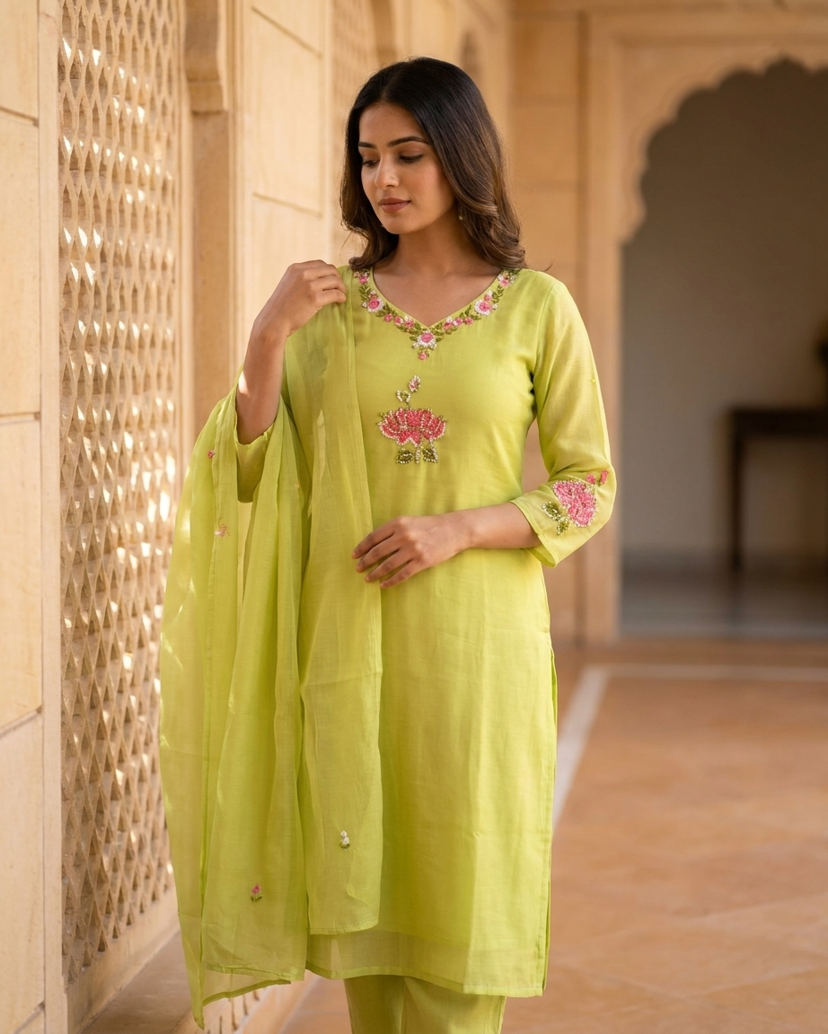 Lime Green Mal Chanderi Straight Suit