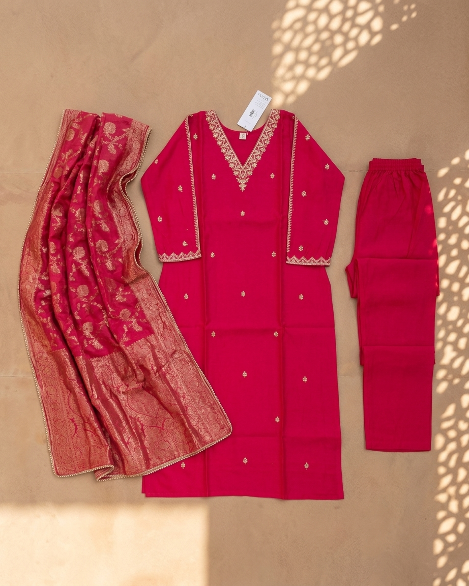 Rani Pink Romal Silk Straight Suit