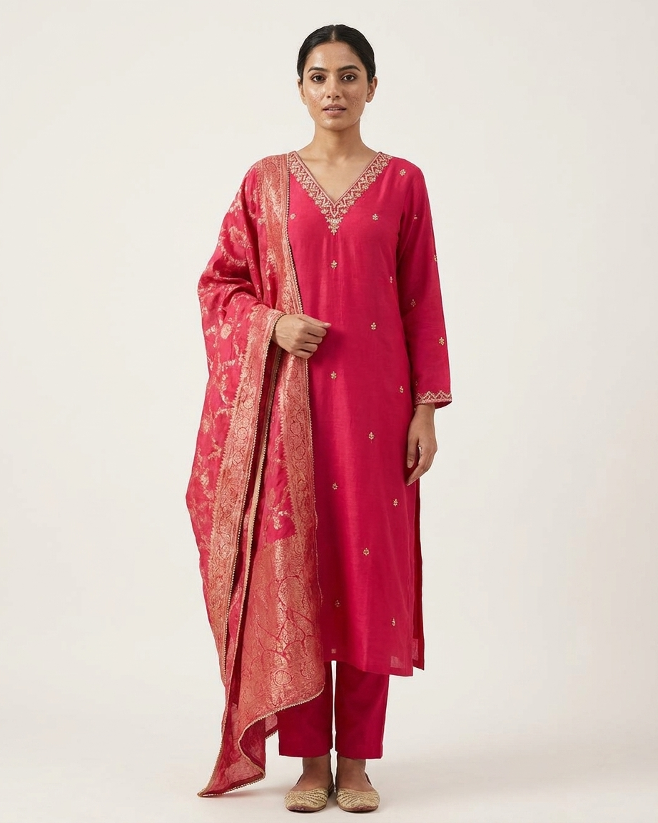 Rani Pink Romal Silk Straight Suit