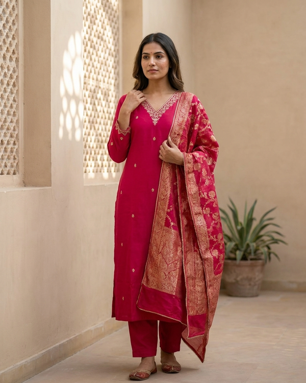 Rani Pink Romal Silk Straight Suit