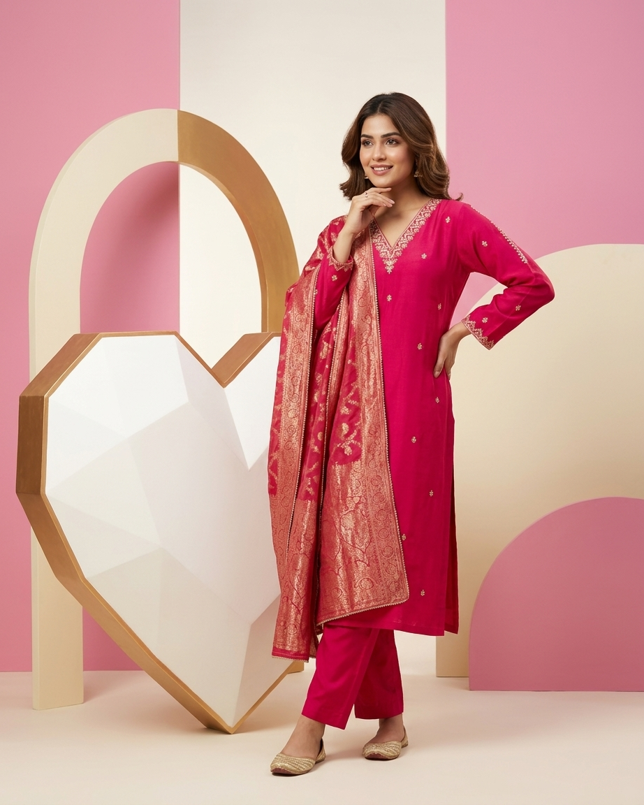 Rani Pink Romal Silk Straight Suit