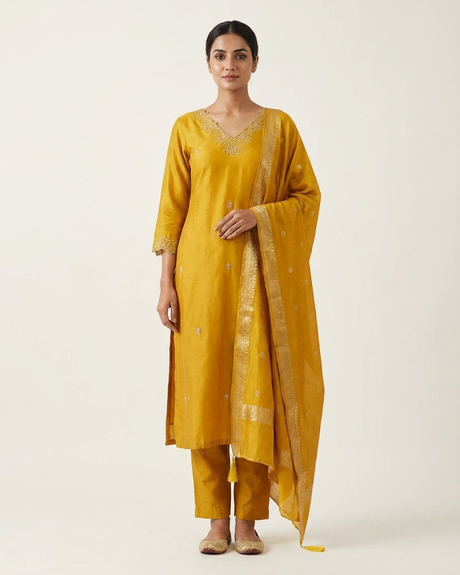 Golden Yellow Dola Silk Straight Suit
