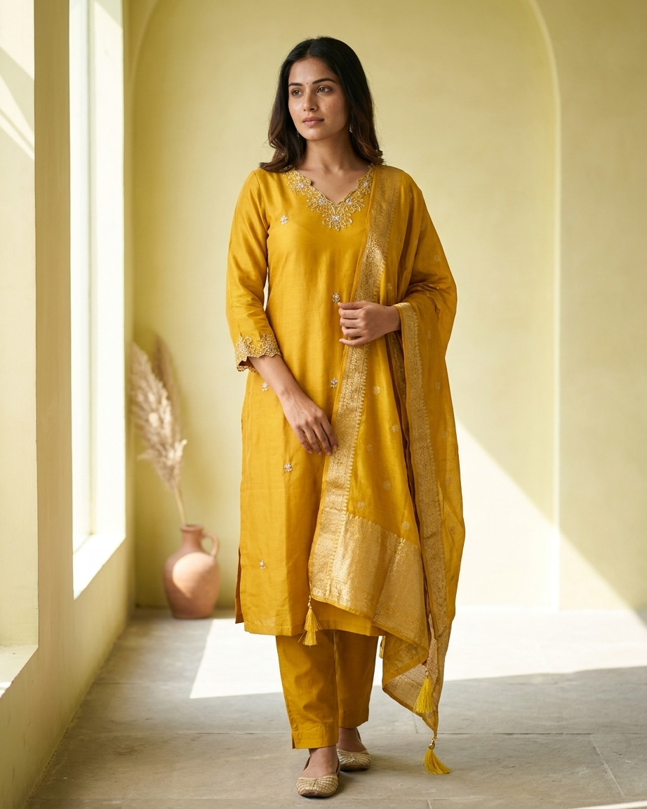 Golden Yellow Dola Silk Straight Suit
