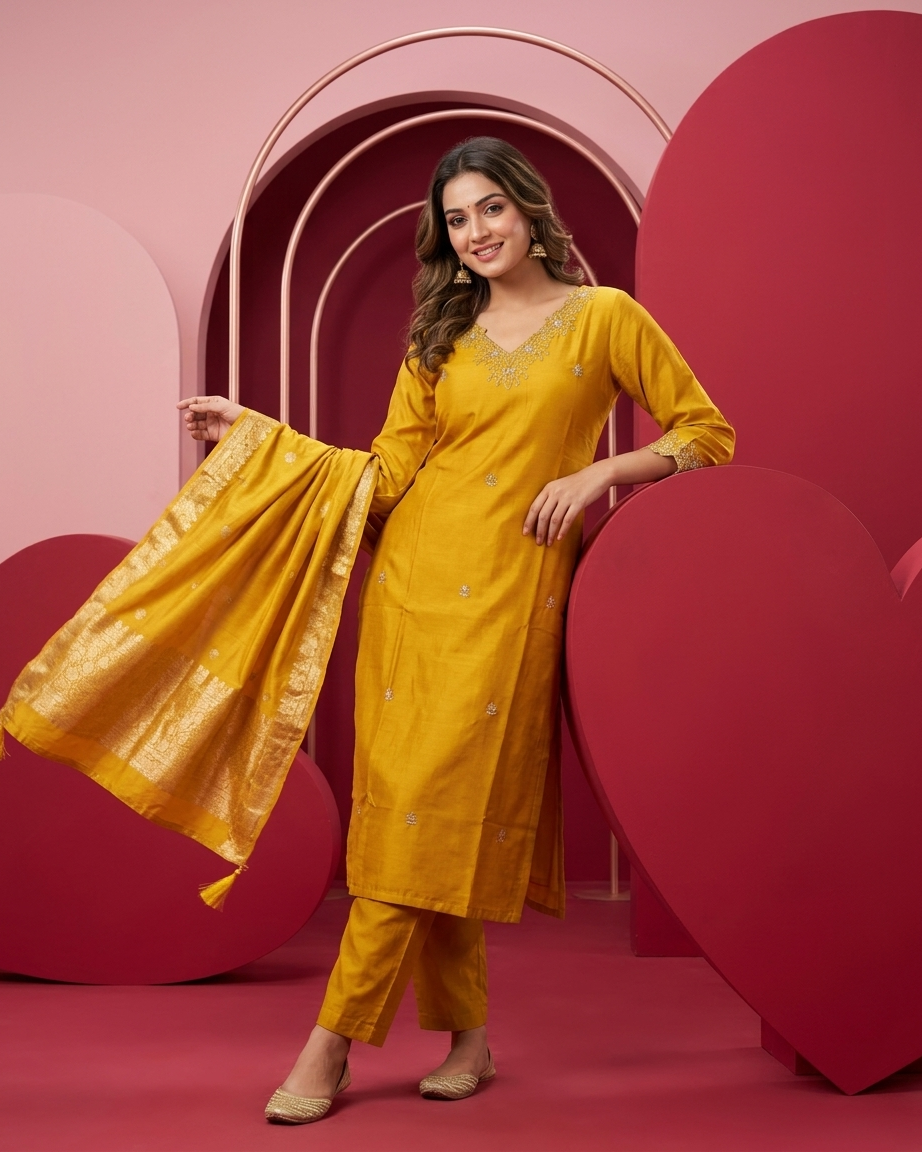 Golden Yellow Dola Silk Straight Suit