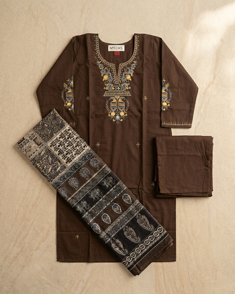 Chocolate Brown Pure Cotton Embroidered Suit