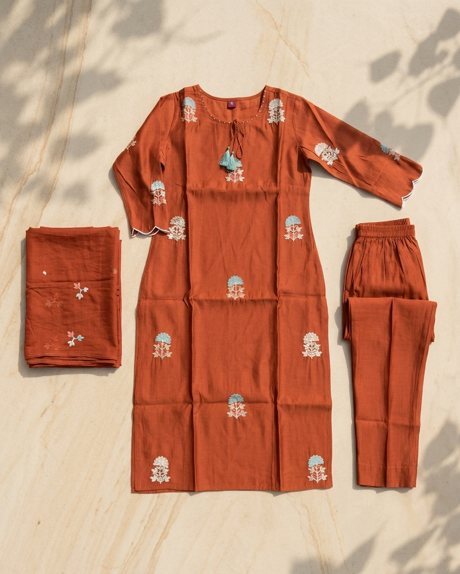 Rust Orange Mal Chanderi Straight Suit