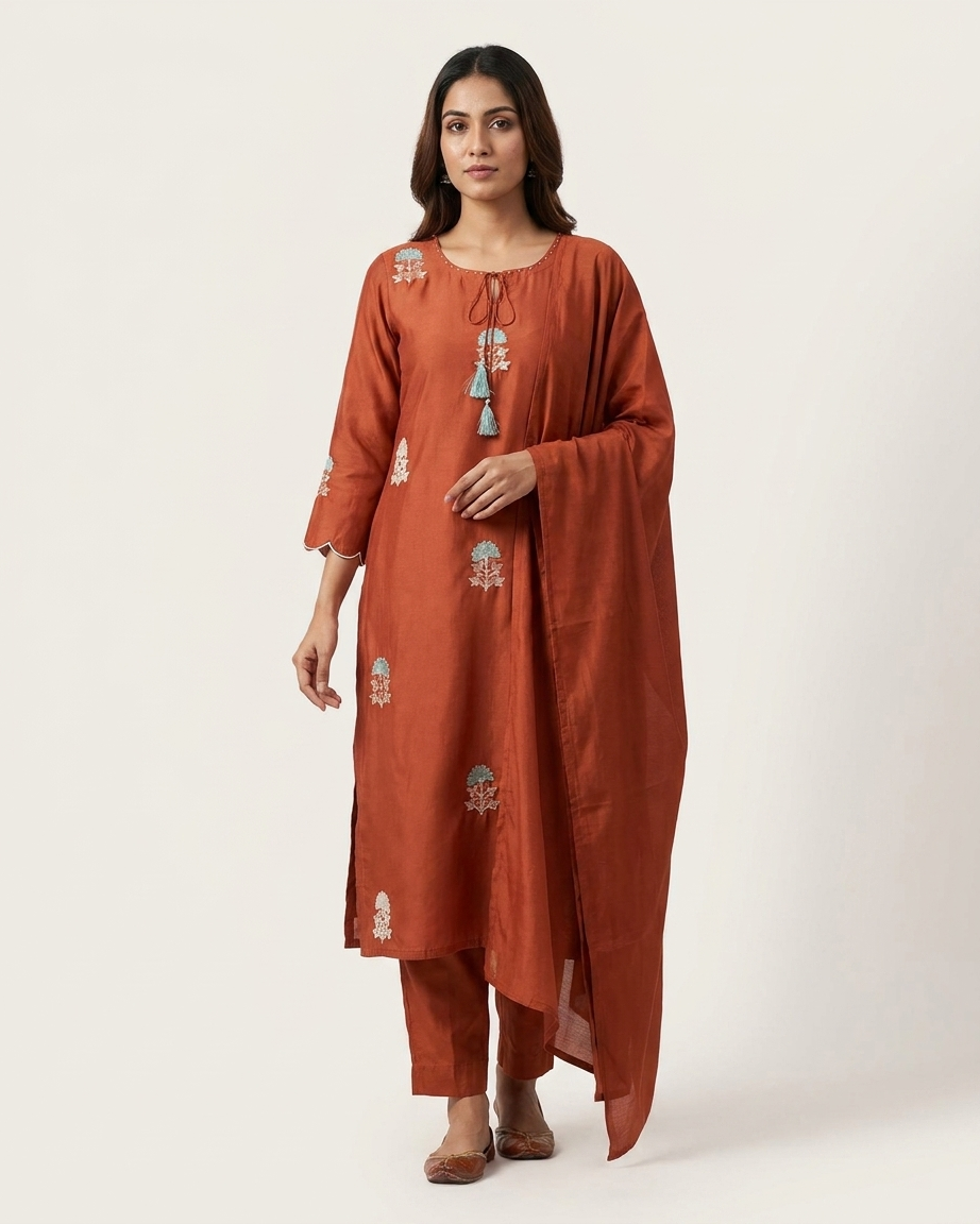 Rust Orange Mal Chanderi Straight Suit