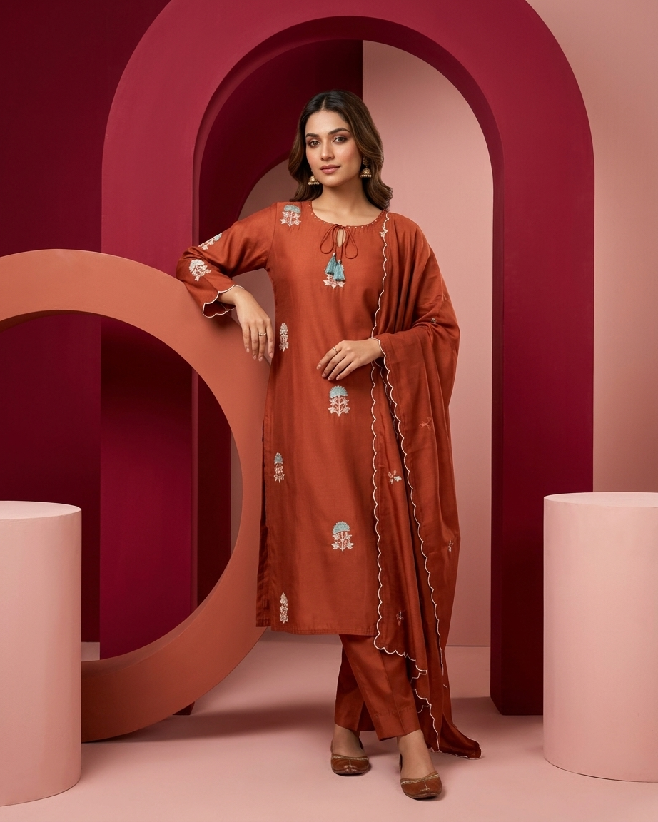 Rust Orange Mal Chanderi Straight Suit
