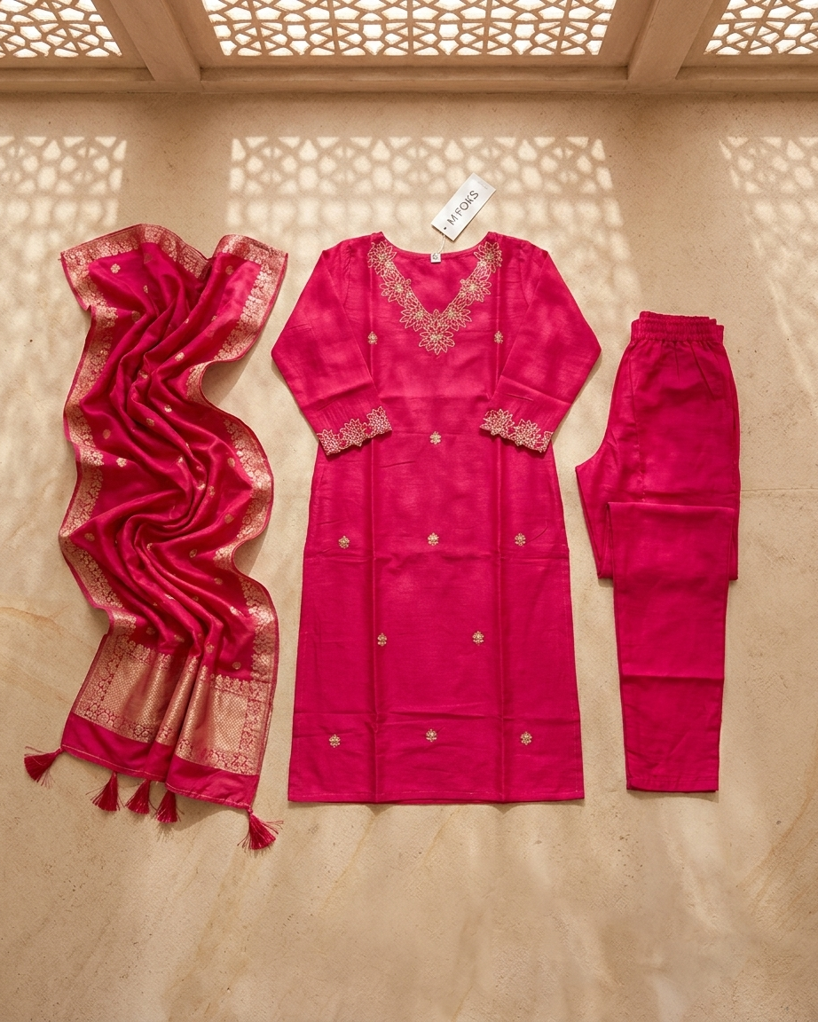 Deep Magenta Dola Silk Straight Suit