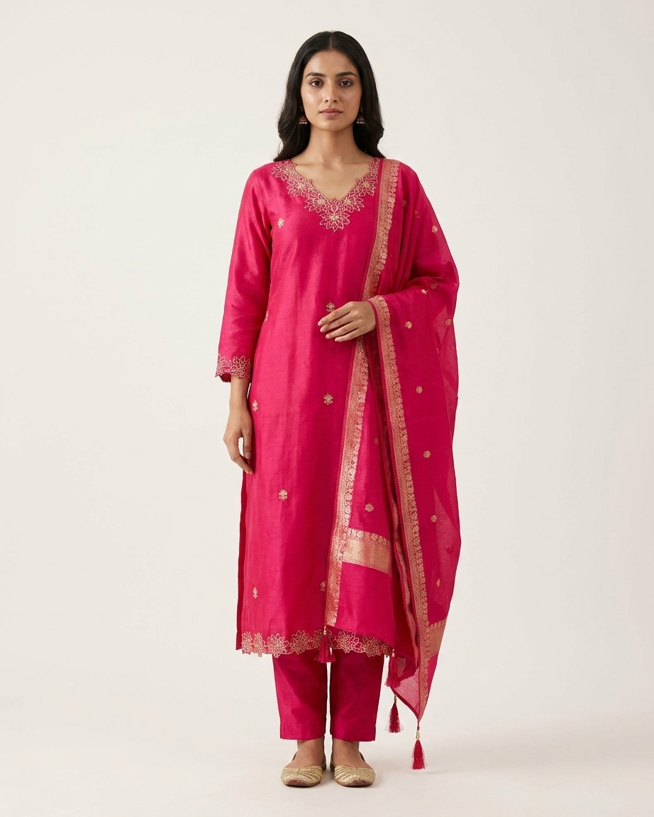 Deep Magenta Dola Silk Straight Suit