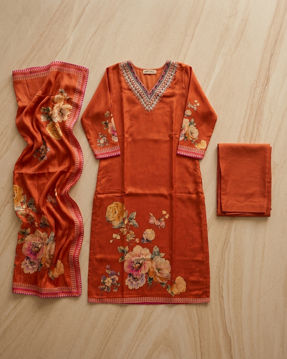 Rust Orange Pure Natural Crepe Straight Suit