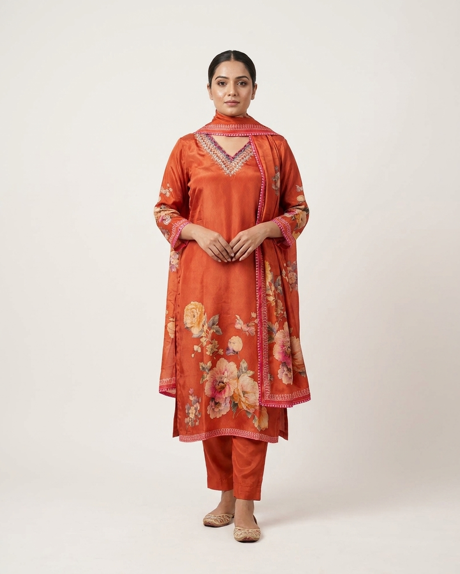 Rust Orange Pure Natural Crepe Straight Suit