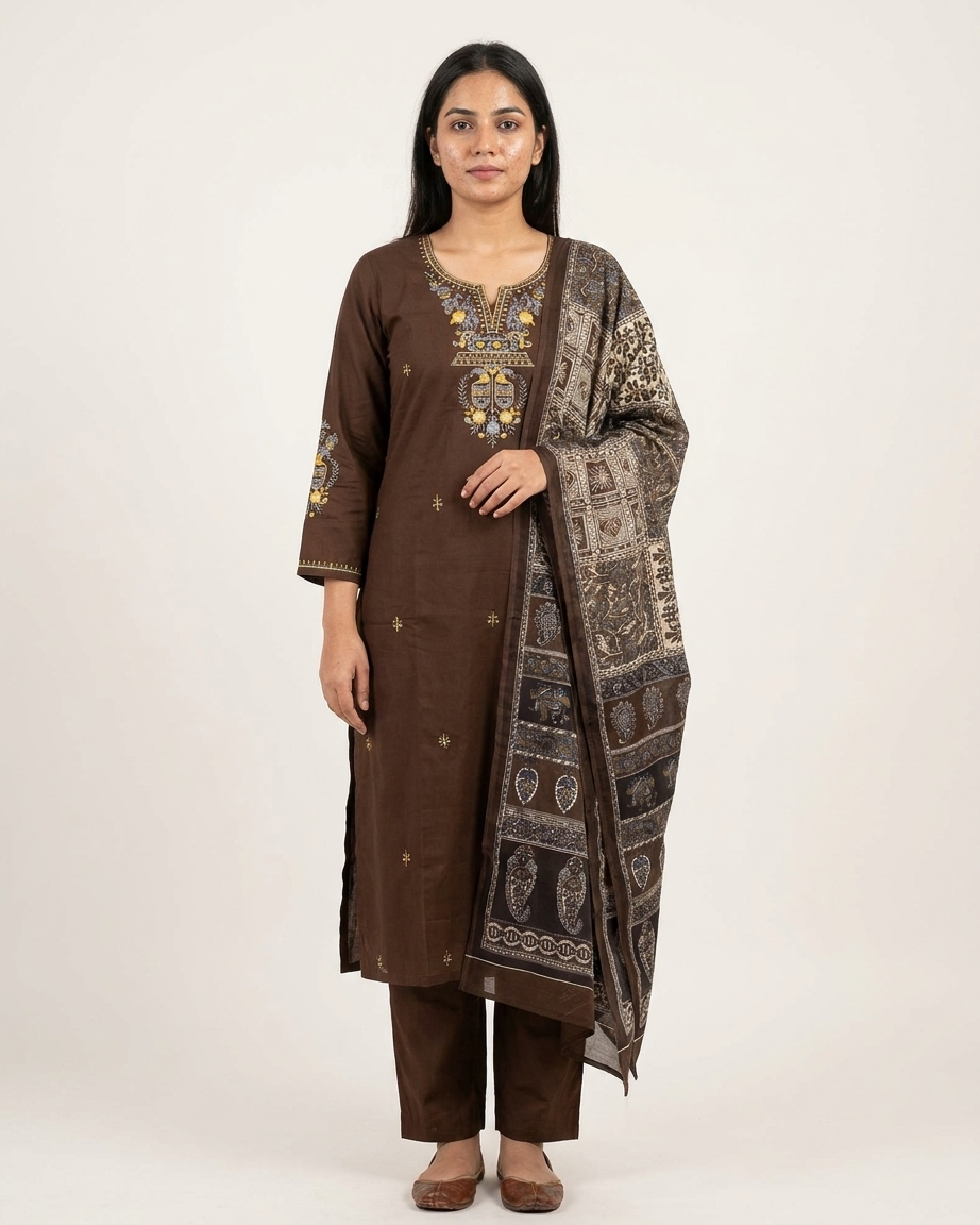 Chocolate Brown Pure Cotton Embroidered Suit