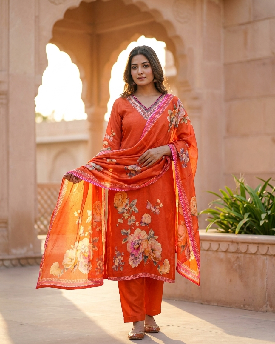 Rust Orange Pure Natural Crepe Straight Suit