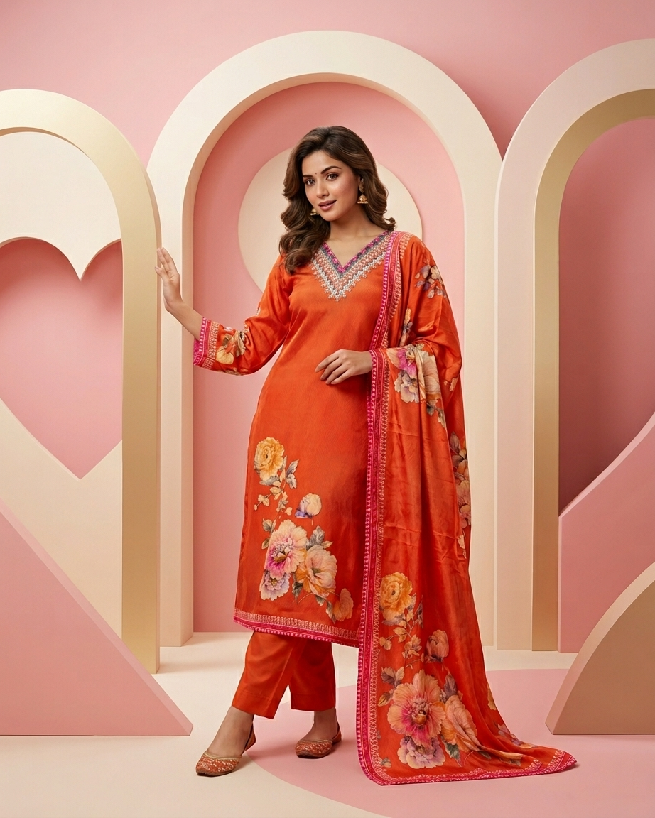 Rust Orange Pure Natural Crepe Straight Suit