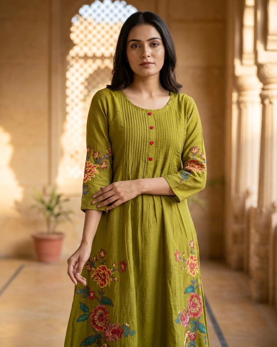 Olive Green Handpainted Mal Chanderi A-Line Suit