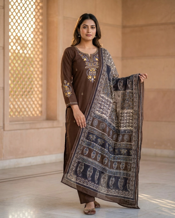 Chocolate Brown Pure Cotton Embroidered Suit