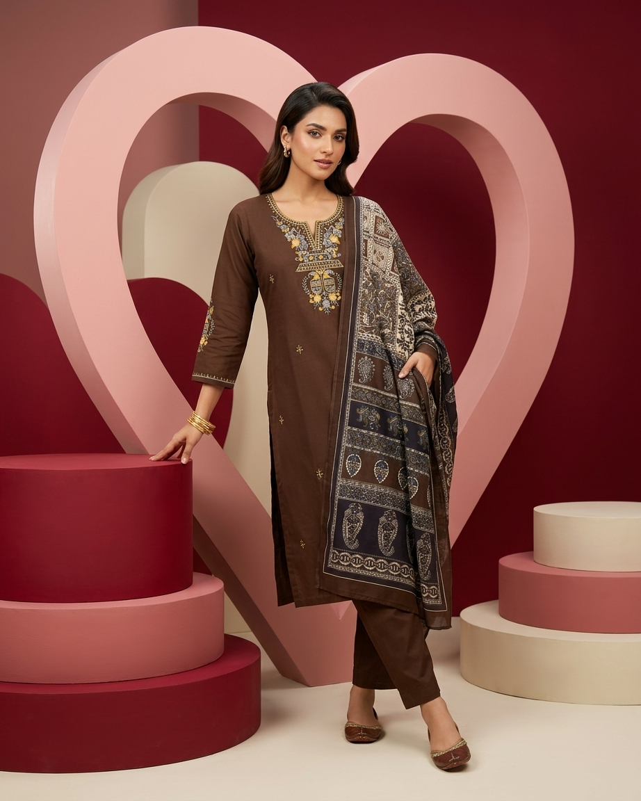 Chocolate Brown Pure Cotton Embroidered Suit