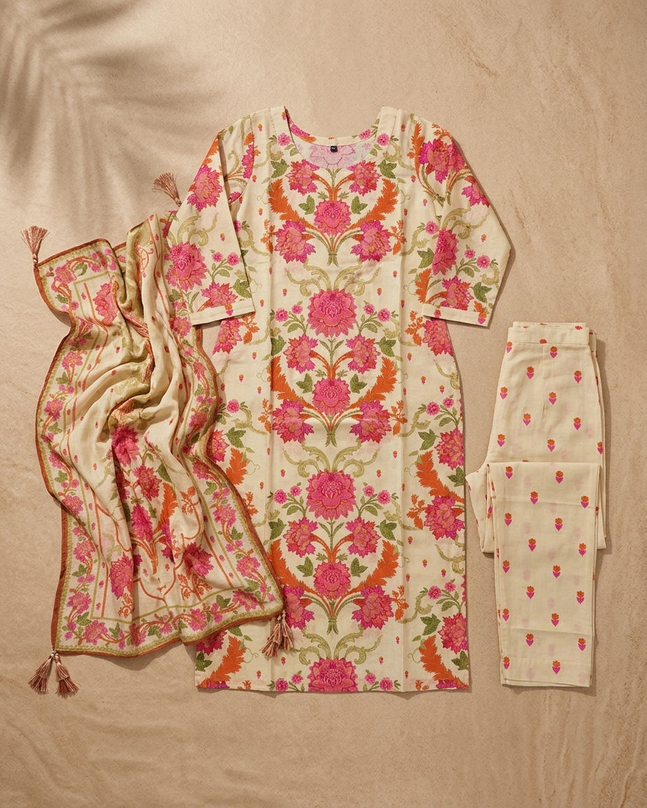 Cream Pure Cotton Straight Suit