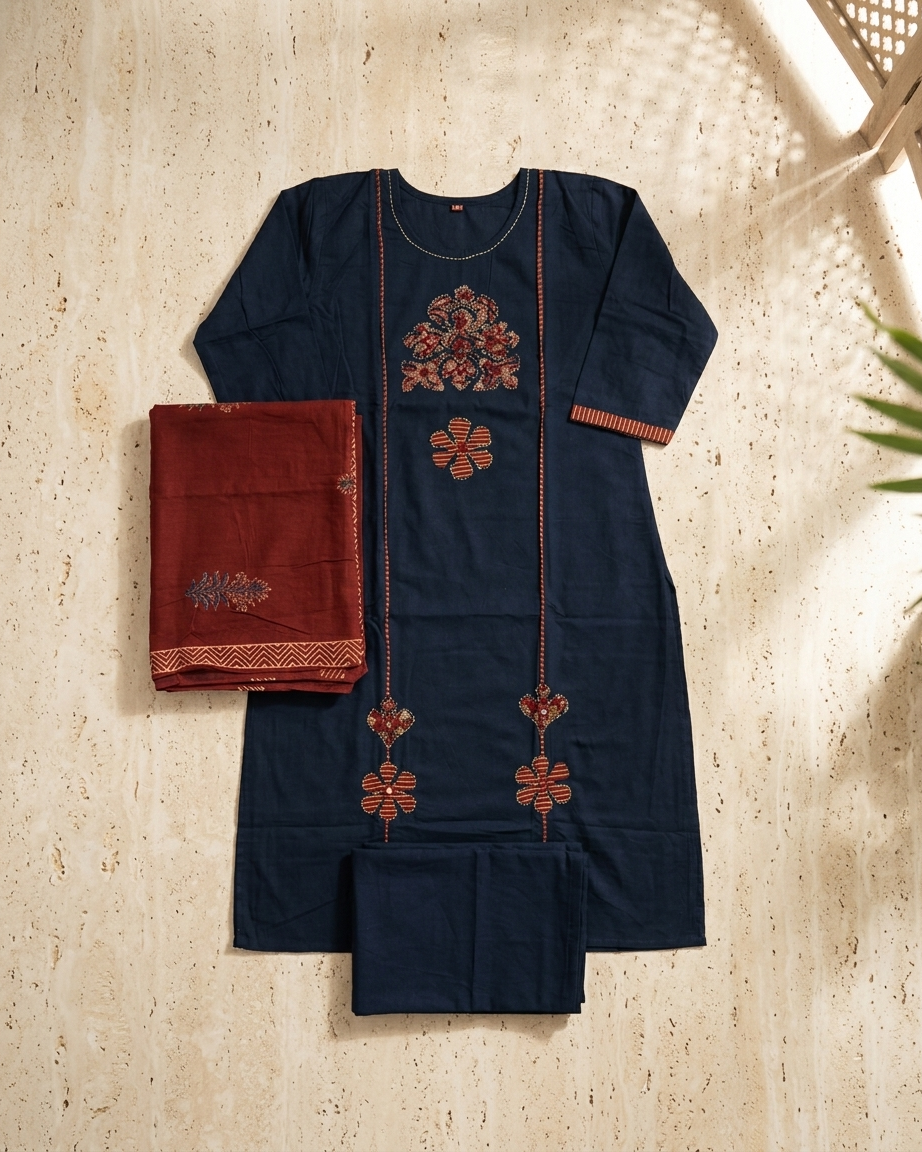 Navy Blue Embroidered Pure Cotton Suit Set