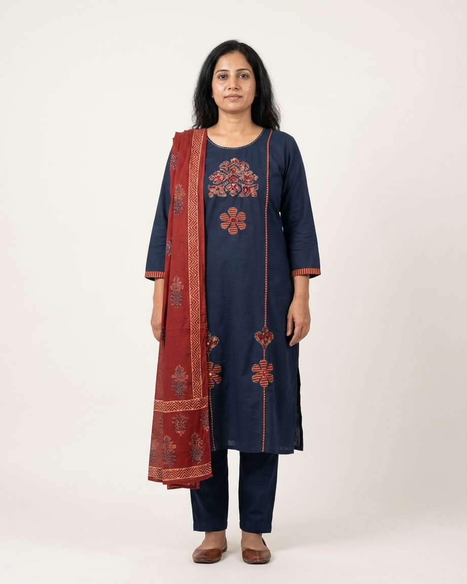Navy Blue Embroidered Pure Cotton Suit Set