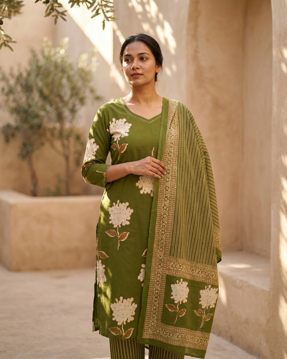 Olive Green Floral Print Cotton Suit