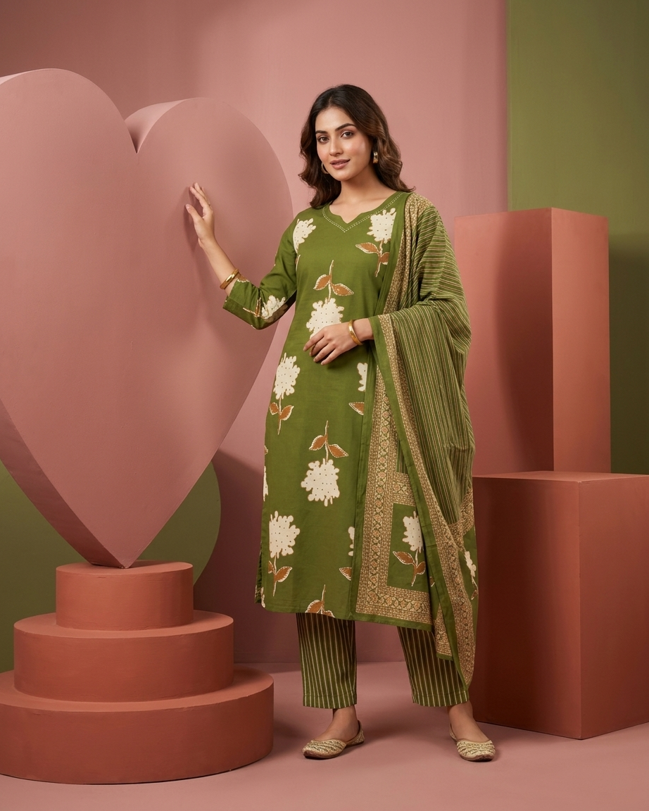 Olive Green Floral Print Cotton Suit