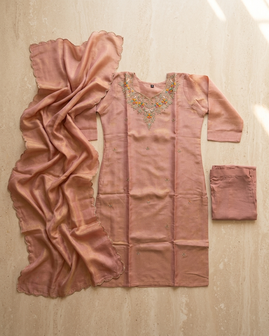 Rose Pink Tissue Handwork Suit
