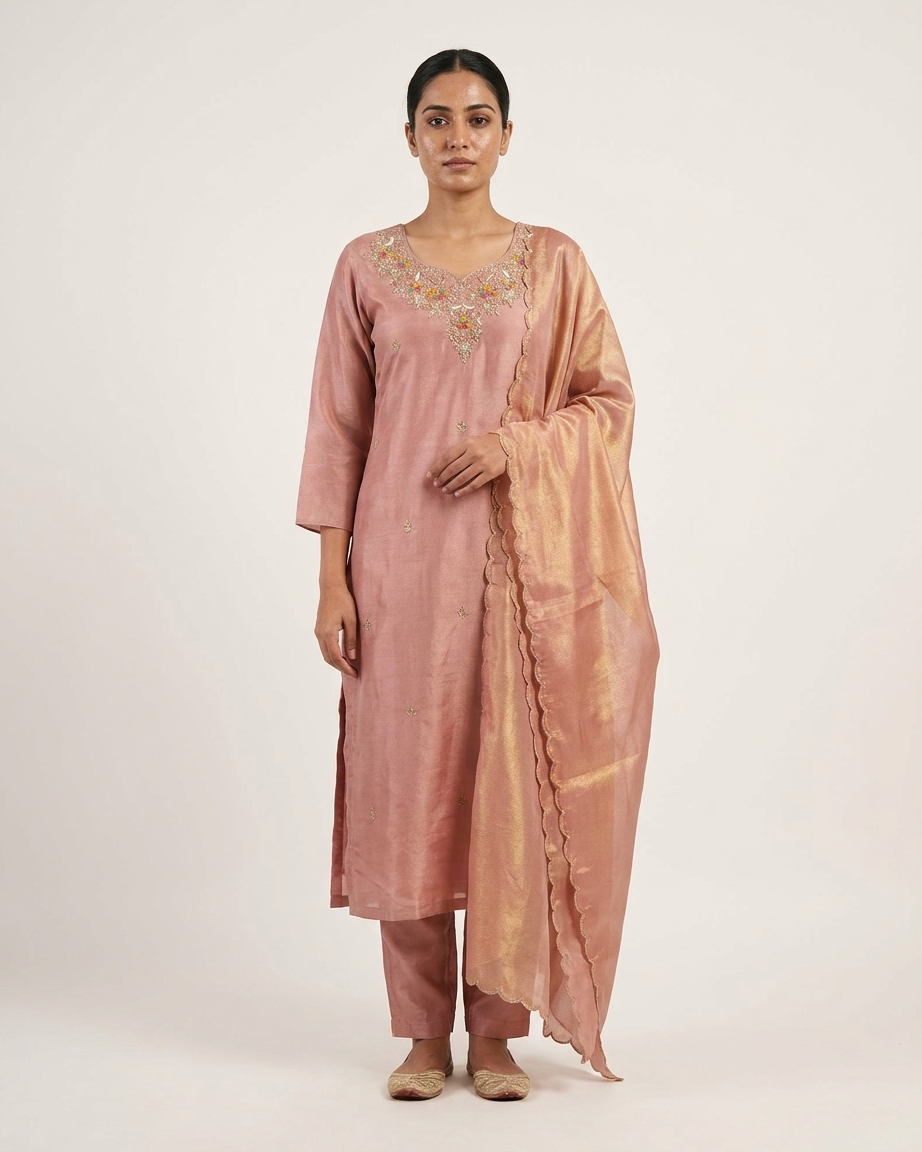 Rose Pink Tissue Handwork Suit