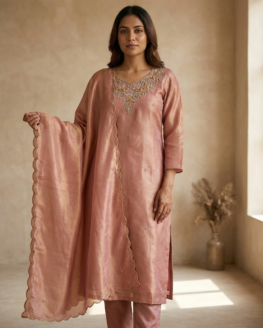 Rose Pink Tissue Handwork Suit